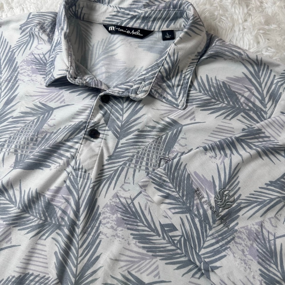 TravisMathew The Phoenician Golf Polo Men Large Gray Palm Leaf Floral Shirt